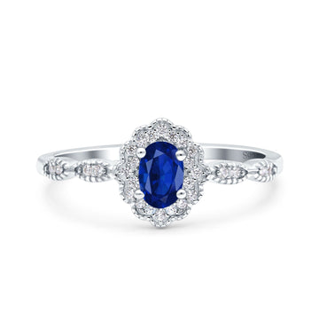 Halo Vintage Floral Art Deco Wedding Ring Oval Simulated Blue Sapphire CZ 925 Sterling Silver